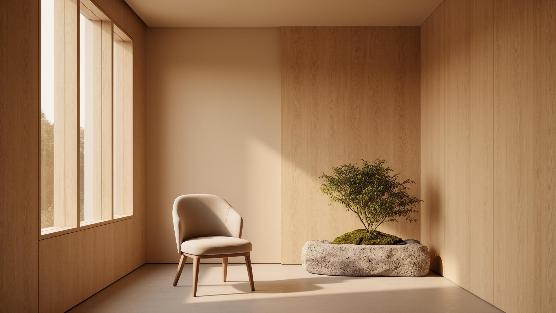 Calm consultation room in light oak and warm beige, lit by natural daylight